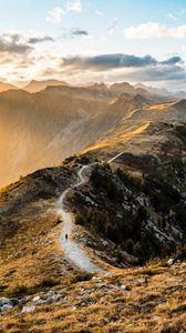 Preview wallpaper mountains, sunrise, path, sunlight