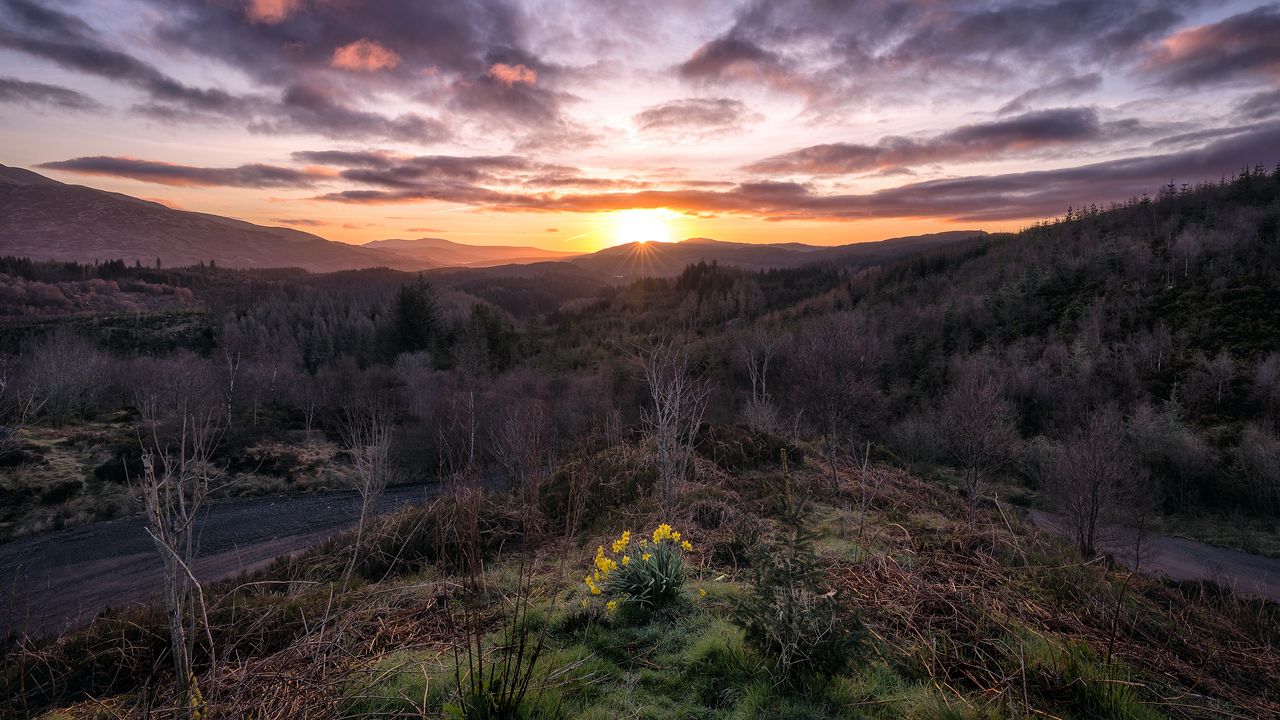 Wallpaper mountains, sunrise, sky, landscape, loch lomond, trossachs national park, scotland