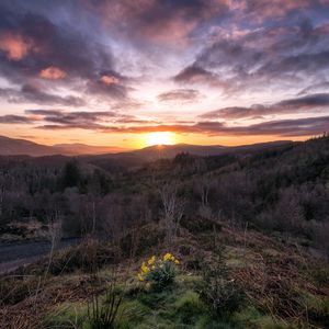 Preview wallpaper mountains, sunrise, sky, landscape, loch lomond, trossachs national park, scotland