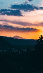 Preview wallpaper mountains, sunset, aerial view, village, clouds