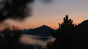 Preview wallpaper mountains, sunset, branches, blur, night