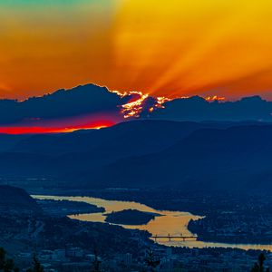 Preview wallpaper mountains, sunset, clouds, sky, evening, nature