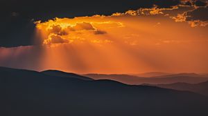 Preview wallpaper mountains, sunset, clouds, rays, dusk