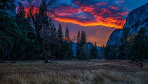 Preview wallpaper mountains, sunset, evening, grass, trees