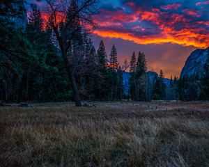 Preview wallpaper mountains, sunset, evening, grass, trees