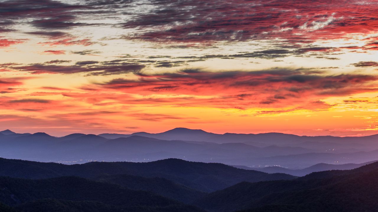 Wallpaper mountains, sunset, fog, dusk
