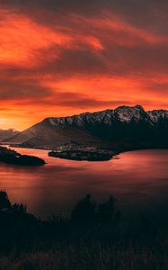 Preview wallpaper mountains, sunset, lake, sky, fiery, new zealand
