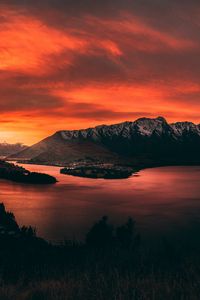 Preview wallpaper mountains, sunset, lake, sky, fiery, new zealand