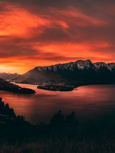 Preview wallpaper mountains, sunset, lake, sky, fiery, new zealand