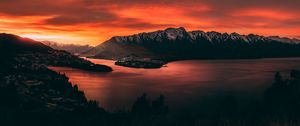 Preview wallpaper mountains, sunset, lake, sky, fiery, new zealand