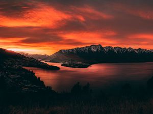 Preview wallpaper mountains, sunset, lake, sky, fiery, new zealand