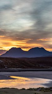 Preview wallpaper mountains, sunset, lake, peaks, sky