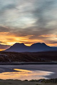 Preview wallpaper mountains, sunset, lake, peaks, sky