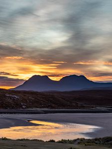 Preview wallpaper mountains, sunset, lake, peaks, sky