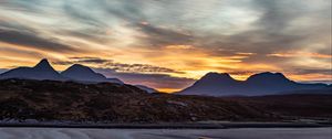 Preview wallpaper mountains, sunset, lake, peaks, sky