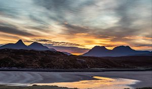 Preview wallpaper mountains, sunset, lake, peaks, sky