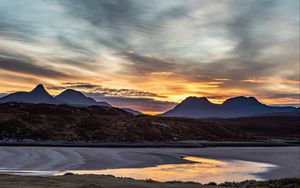 Preview wallpaper mountains, sunset, lake, peaks, sky