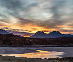 Preview wallpaper mountains, sunset, lake, peaks, sky