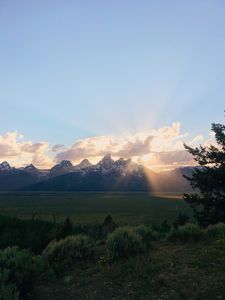 Preview wallpaper mountains, sunset, landscape, clouds, sunlight