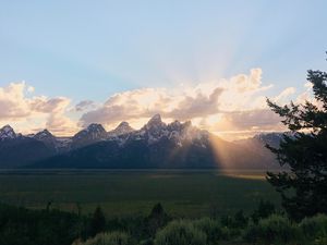 Preview wallpaper mountains, sunset, landscape, clouds, sunlight