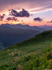 Preview wallpaper mountains, sunset, landscape, slopes, grass, flowers