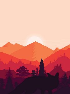 Preview wallpaper mountains, sunset, landscape, fox, art, vector