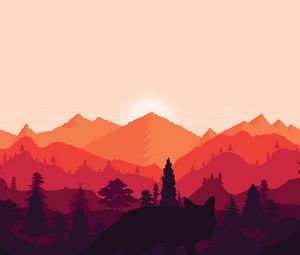 Preview wallpaper mountains, sunset, landscape, fox, art, vector