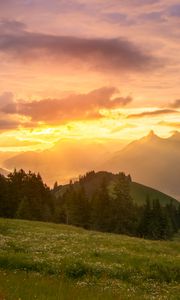Preview wallpaper mountains, sunset, lawn, trees, landscape