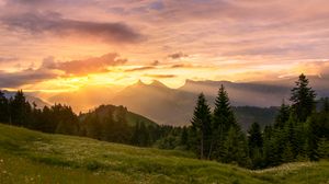 Preview wallpaper mountains, sunset, lawn, trees, landscape