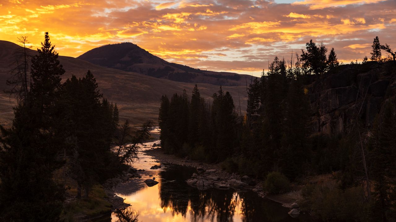 Wallpaper mountains, sunset, river, water, trees