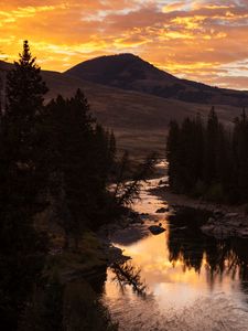 Preview wallpaper mountains, sunset, river, water, trees