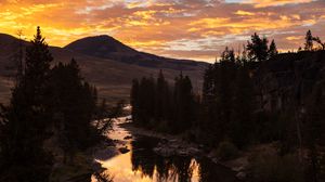 Preview wallpaper mountains, sunset, river, water, trees