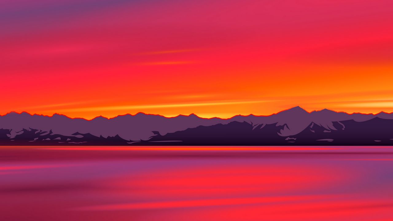 Wallpaper mountains, sunset, river, art