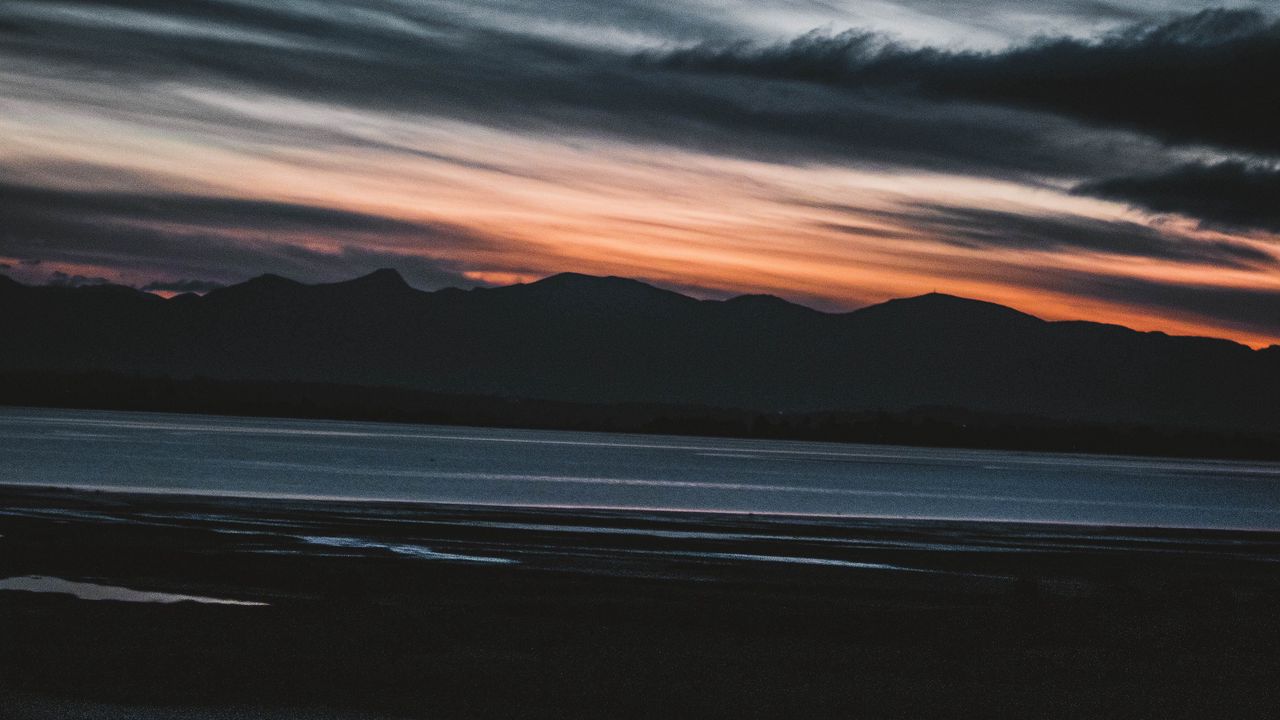 Wallpaper mountains, sunset, sea, dark