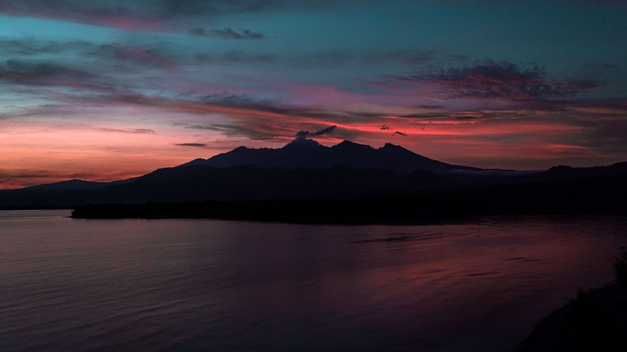 Wallpaper mountains, sunset, sea, dusk
