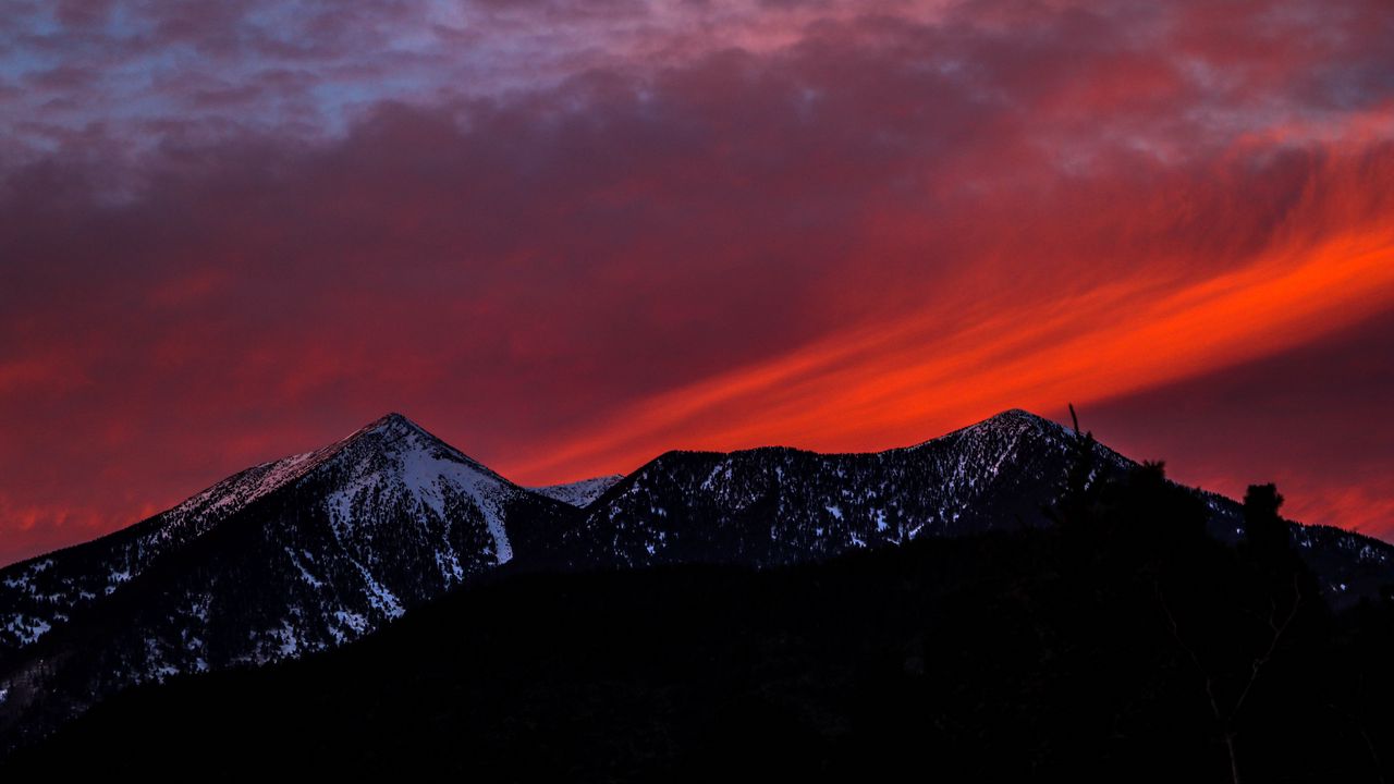 Wallpaper mountains, sunset, sky, snow