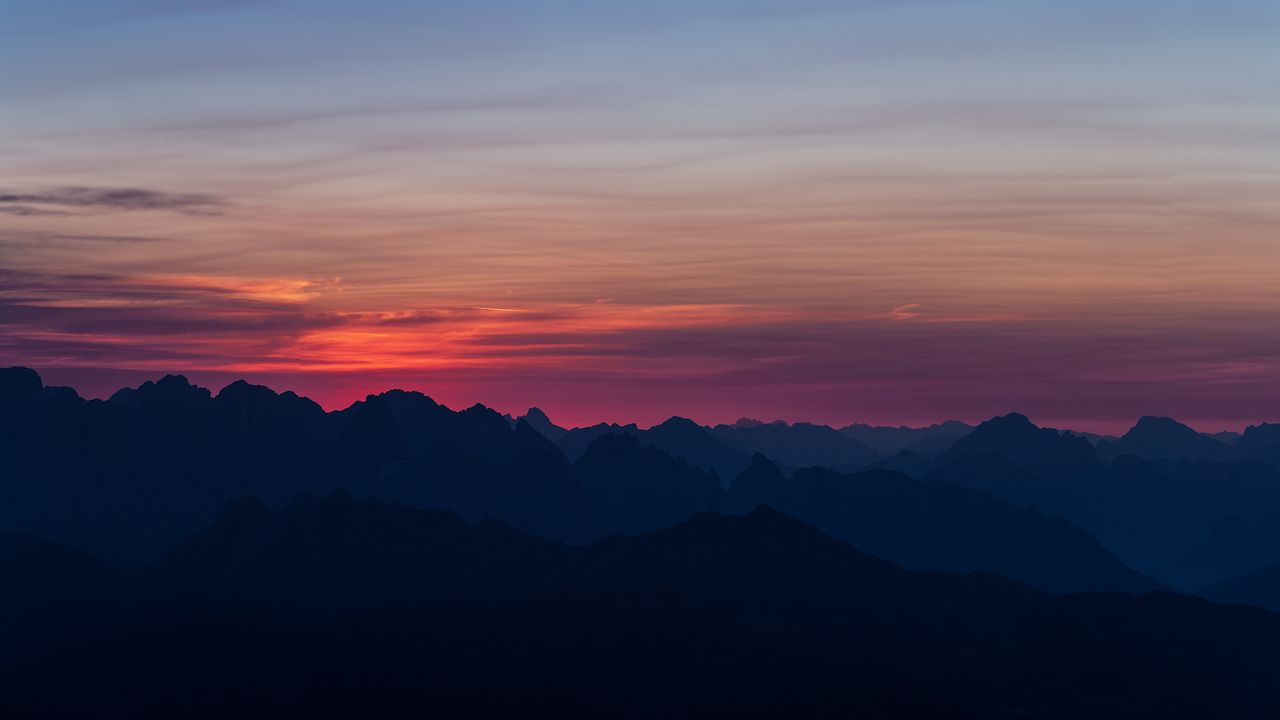 Wallpaper mountains, sunset, sky, horizon