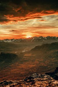 Preview wallpaper mountains, sunset, sky, overcast, clouds, landscape