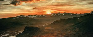 Preview wallpaper mountains, sunset, sky, overcast, clouds, landscape