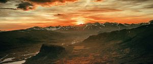 Preview wallpaper mountains, sunset, sky, overcast, clouds, landscape