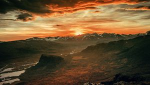 Preview wallpaper mountains, sunset, sky, overcast, clouds, landscape