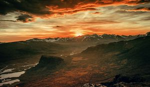 Preview wallpaper mountains, sunset, sky, overcast, clouds, landscape