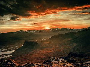 Preview wallpaper mountains, sunset, sky, overcast, clouds, landscape