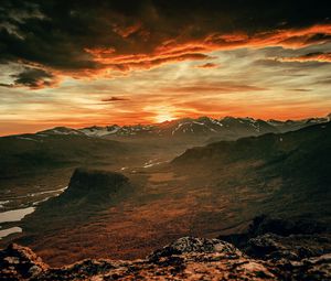 Preview wallpaper mountains, sunset, sky, overcast, clouds, landscape