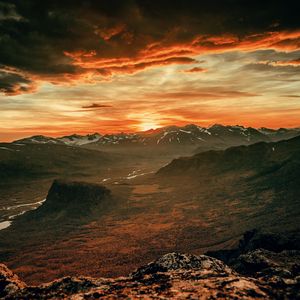 Preview wallpaper mountains, sunset, sky, overcast, clouds, landscape