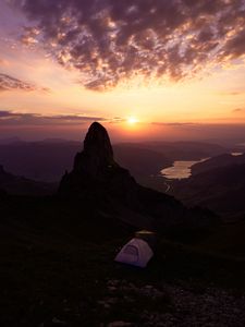 Preview wallpaper mountains, sunset, tent, camping, nature