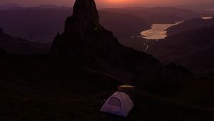 Preview wallpaper mountains, sunset, tent, camping, nature