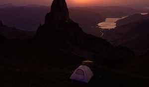 Preview wallpaper mountains, sunset, tent, camping, nature