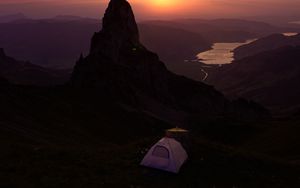 Preview wallpaper mountains, sunset, tent, camping, nature