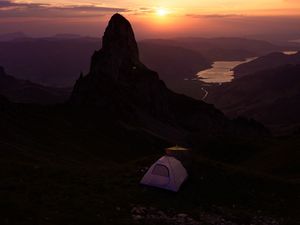 Preview wallpaper mountains, sunset, tent, camping, nature